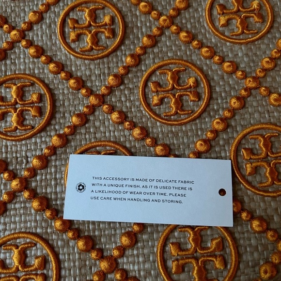 Tory Burch T Monogram Embroidered Straw Pouch Orange Citrine - Picture 6 of 11